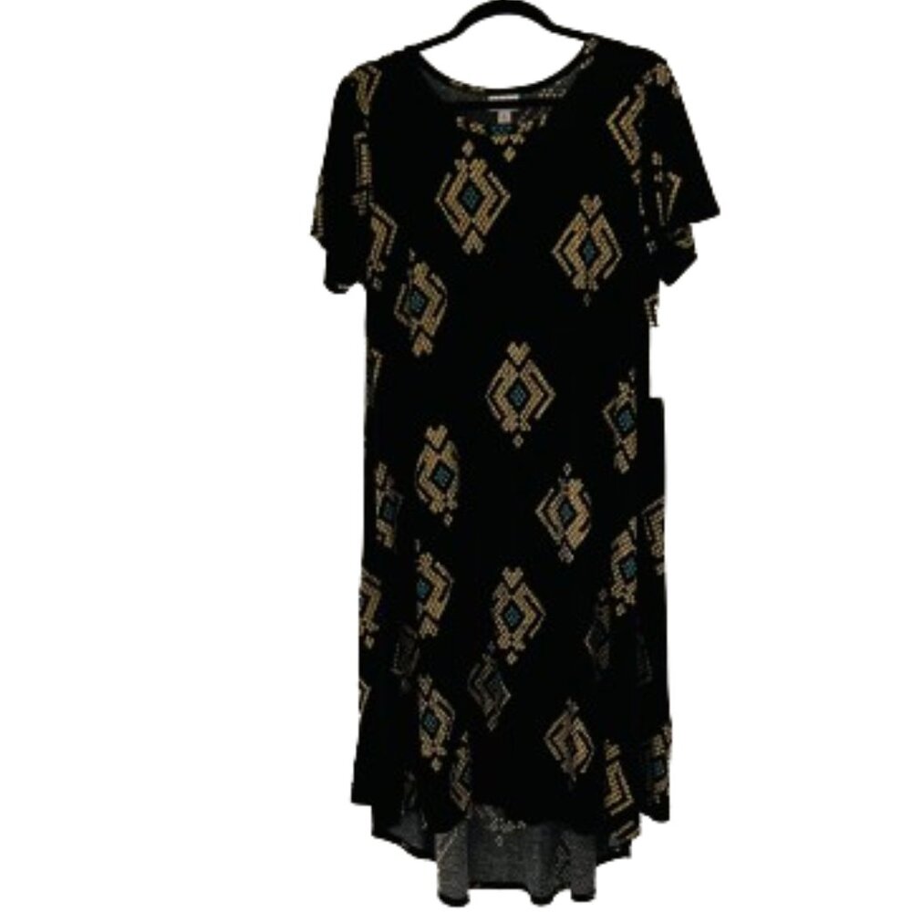 NWT LuLaRoe Elegant Carly Shift Dress snakeskin black with gold/turquoise, sz L